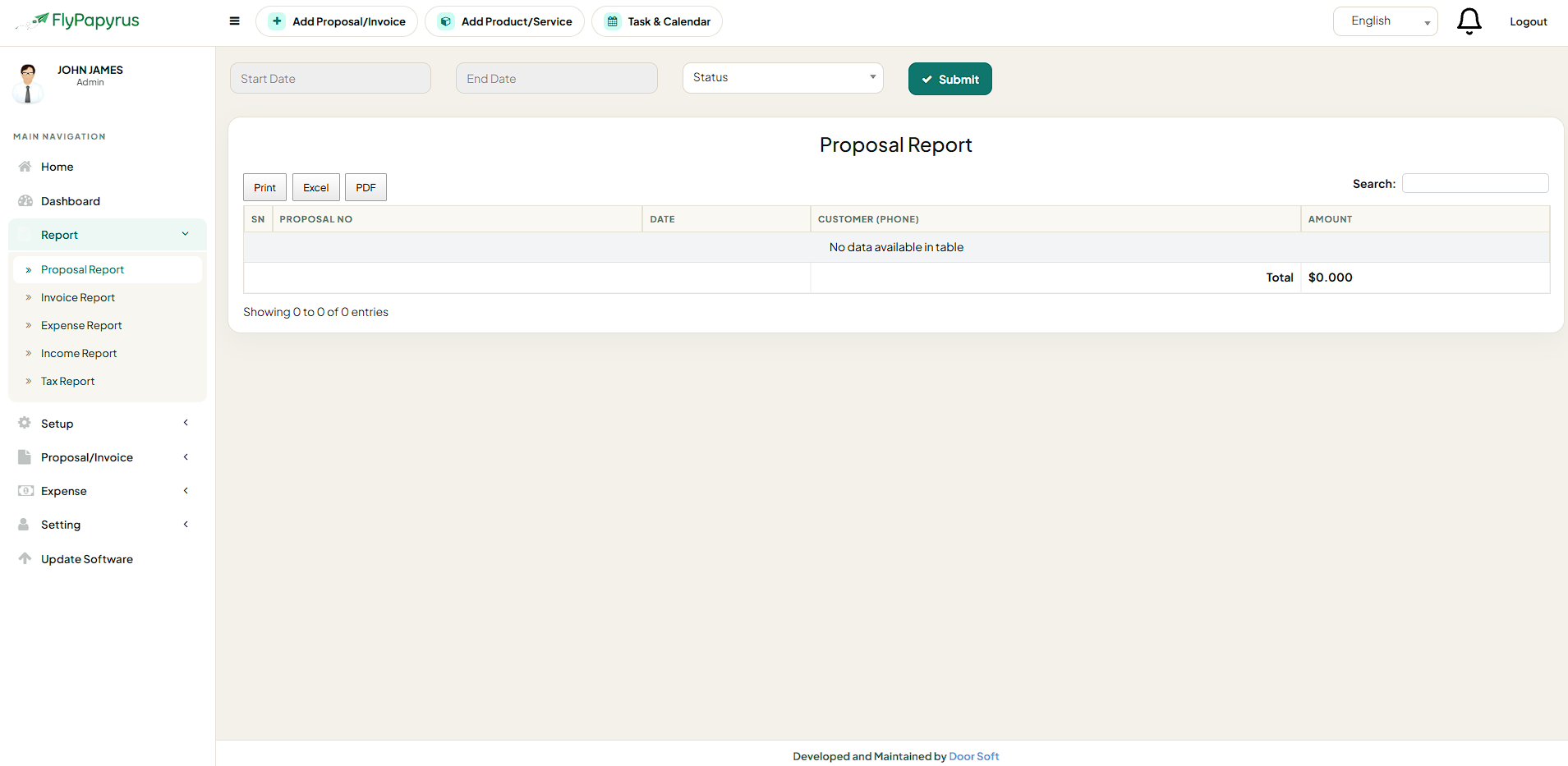 Proposal, invoice, tax and income reports